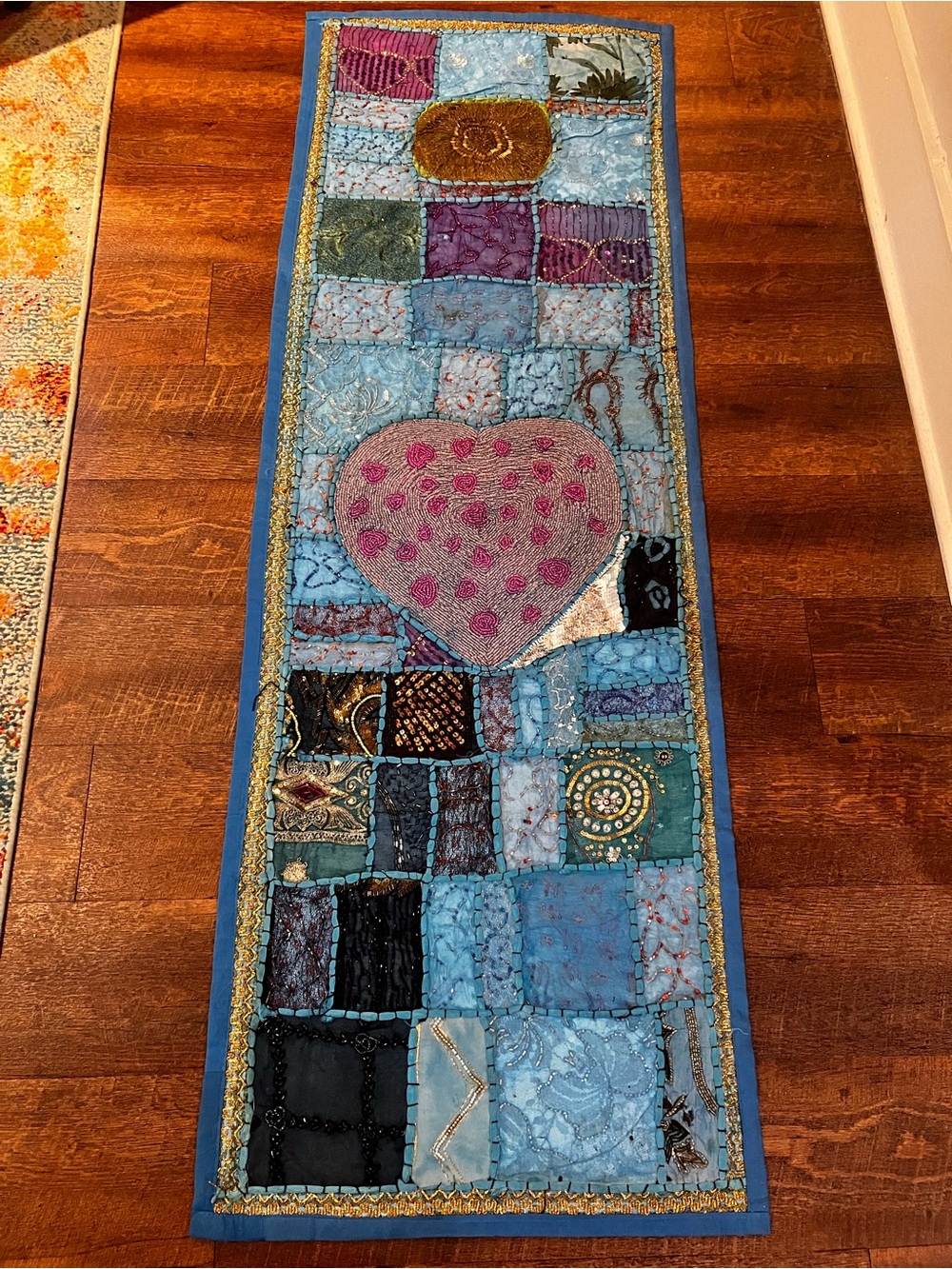 Blue Patchwork Heart Tapestry Table Runner with Pink Accent